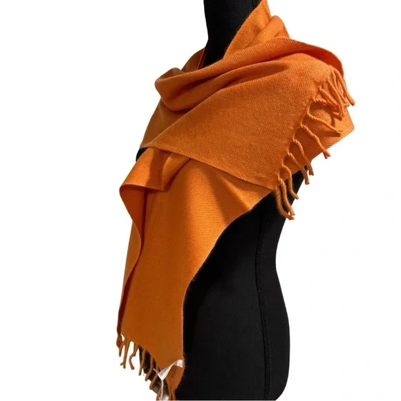 Certified 100%Cashmere Pashmina Nepal Lux WinterScarf Orange Fringe Handmade NWT